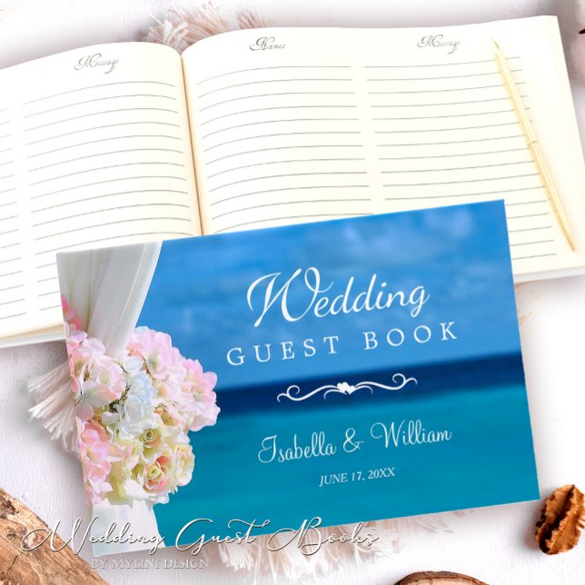 Elegant Floral Summer Blue Ocean Beach Wedding Guest Book (Creator Uploaded)