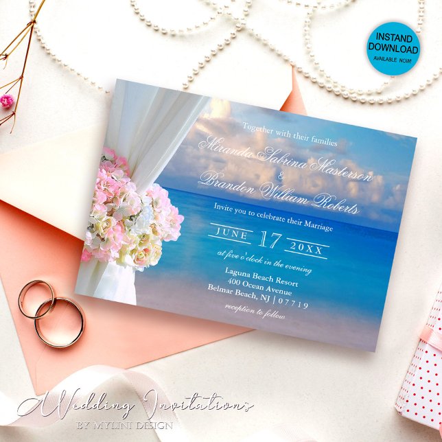 Elegant Floral Summer Sunset Ocean Beach Wedding Invitation (Creator Uploaded)