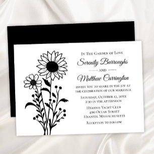 Elegant Floral Sunflower Black White Wedding Invitation