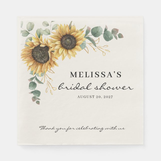 Elegant Floral Sunflower Eucalyptus Bridal Shower Napkin (Front)