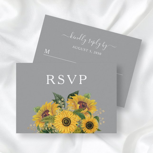 Elegant Floral Sunflower Grey Wedding RSVP Card (Creator Uploaded)