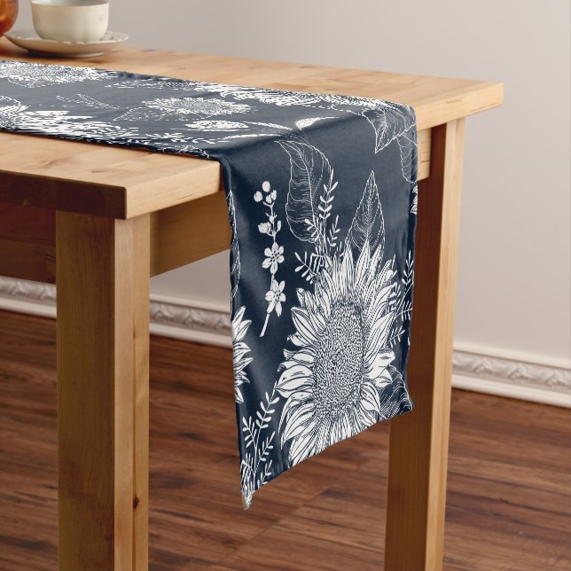 Elegant Floral Sunflower Navy Blue White Short Tab Table Runner (In Situ)