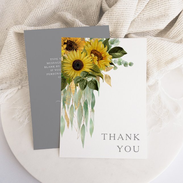 Elegant Floral Sunflower Wedding Thank You Card (Sunflower Eucalyptus Green Gray Fall Wedding Thank You Card)