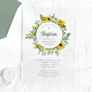 Elegant Floral Sunflower Wreath Girl Baptism Acrylic Invitations