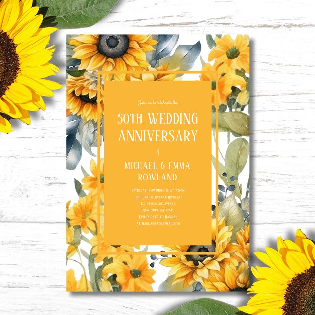 Elegant Floral Sunflowers 50th Wedding Anniversary Invitation (Creator Uploaded)