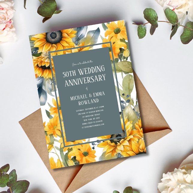 Elegant Floral Sunflowers 50th Wedding Anniversary Invitation (Creator Uploaded)