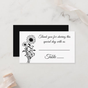 Elegant Floral Sunflowers Black White Wedding  Place Card