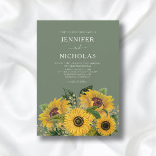 Elegant Floral Sunflowers Green Wedding Invitation