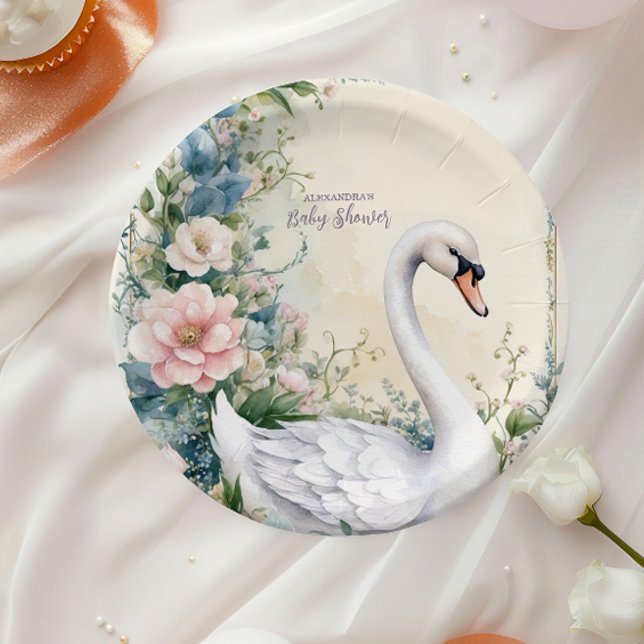 Elegant Floral Swan Blush Pink Baby Shower Paper Plate (Creator Uploaded)