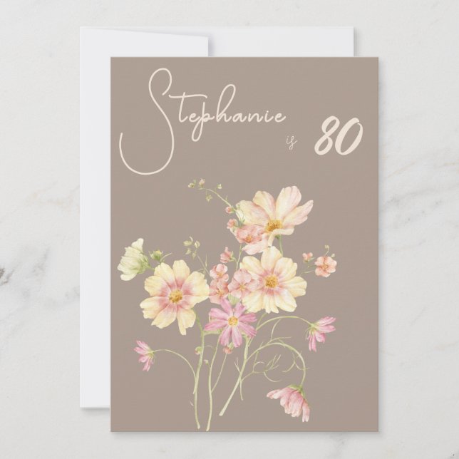 Elegant Floral Taupe Blush 80th Birthday Invitation (Front)