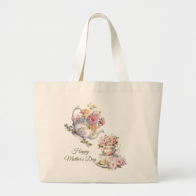 Elegant Floral Tea Happy Mother's Day  Large Tote Bag (Front)