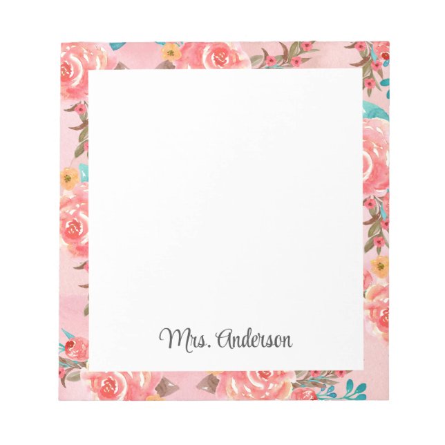 Elegant Floral Teacher Appreciation Custom Name Notepad (Front)