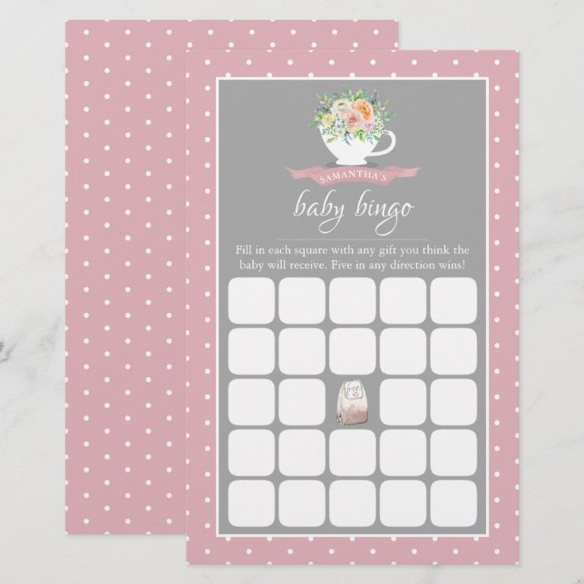 Elegant Floral Teacup Baby Shower Tea Party Bingo (Front/Back)