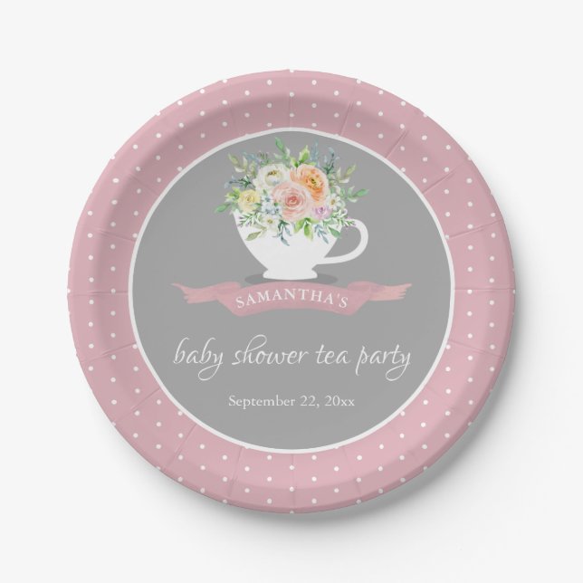 Elegant Floral Teacup Baby Shower Tea Party Paper Plate (Front)