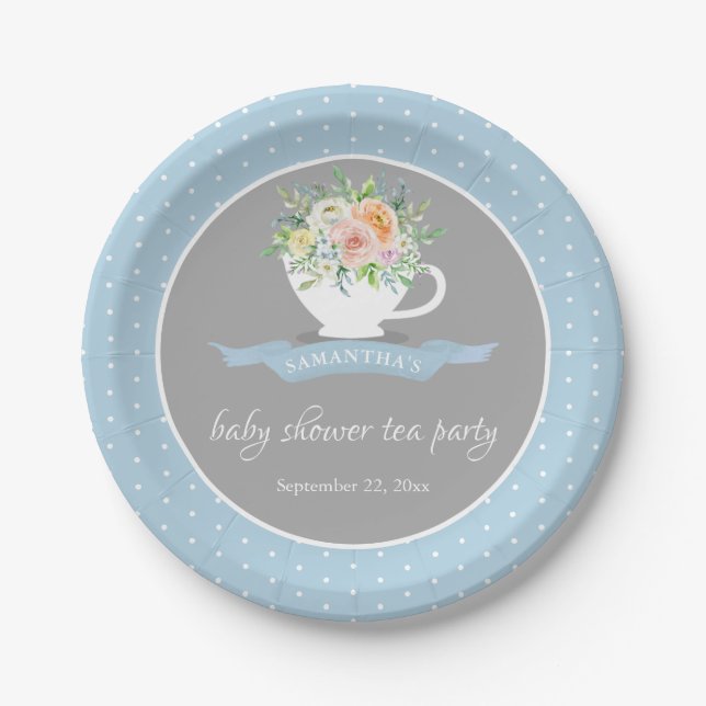 Elegant Floral Teacup Baby Shower Tea Party Paper Plate (Front)