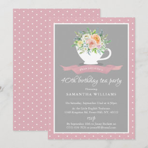 Elegant Floral Teacup Birthday Tea Party Invitation