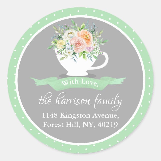 Elegant Floral Teacup Return Address Classic Round Sticker (Front)