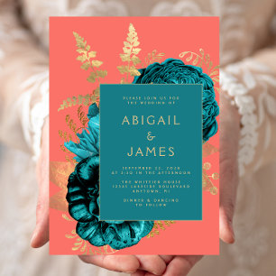 Elegant Floral Teal Blue Coral Gold Wedding Invitation
