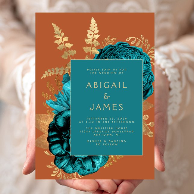 Elegant Floral Teal Blue Rust Gold Wedding Invitation (Creator Uploaded)