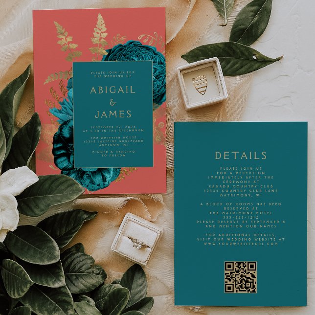 Elegant Floral Teal Gold Coral QR Code Wedding Invitation (Creator Uploaded)