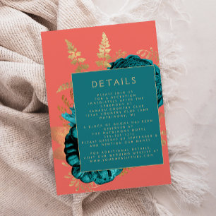 Elegant Floral Teal Gold Coral Wedding Details Enclosure Card