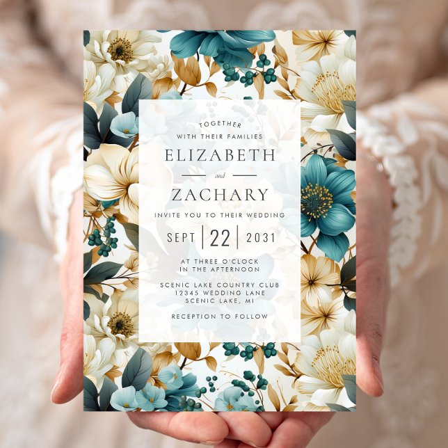 Elegant Floral Teal Ivory Gold Wedding Invitation (Creator Uploaded)