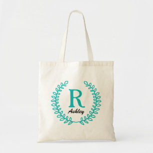Elegant Floral Teal Monogram Tote Bag