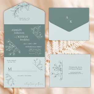 Elegant Floral Teal Wedding All In One Invitation