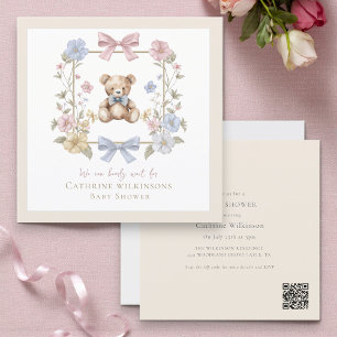 Elegant Floral Teddy pastel baby shower QR code Invitation