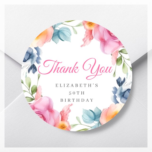 Elegant Floral Thank You Birthday Party  Classic Round Sticker (Creator Uploaded)