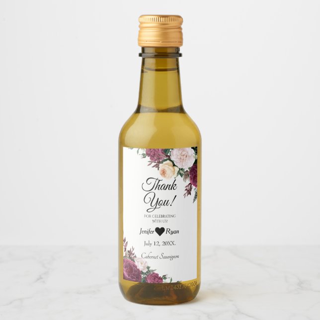 Elegant floral Thank you Mini Wine Bottle Label (Front)