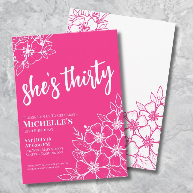 Elegant Floral Thirty Hot Pink 30th Birthday Party Invitation (Elegant Floral Thirty Hot Pink 30th Birthday Party Invitation)