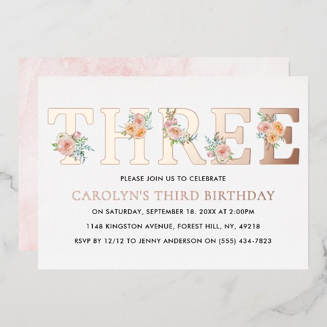 Elegant Floral THREE 3rd Birthday Real (Front/Back)