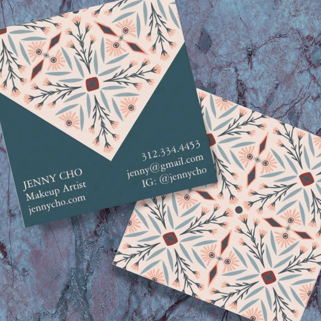 Elegant Floral Tiles Geometric Pink Blue Square Business Card (Creator Uploaded)