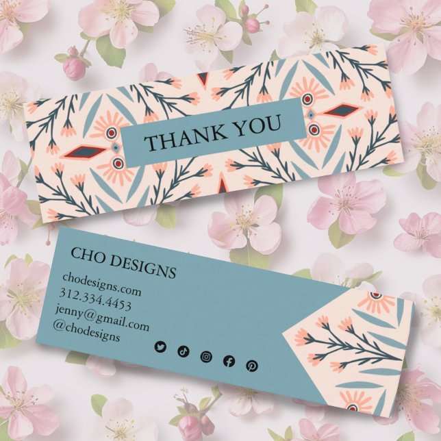 Elegant Floral Tiles Geometric Pink Thank You  Mini Business Card (Pretty pink and blue mini thank you for your order business cards. Social media icons)