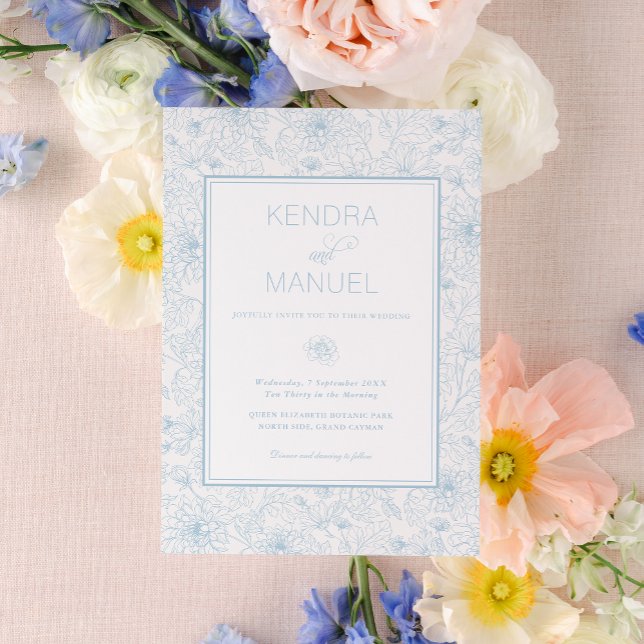 Elegant Floral Toile Blue Wedding Invitation (Creator Uploaded)