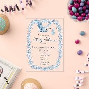 Elegant Floral Toile Frame Blue Stork Baby Shower Acrylic Invitations