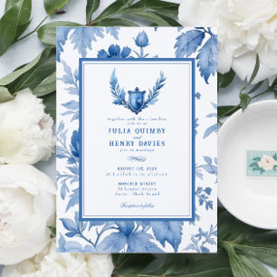 Elegant Floral Toile Periwinkle Blue Crest Wedding Invitation