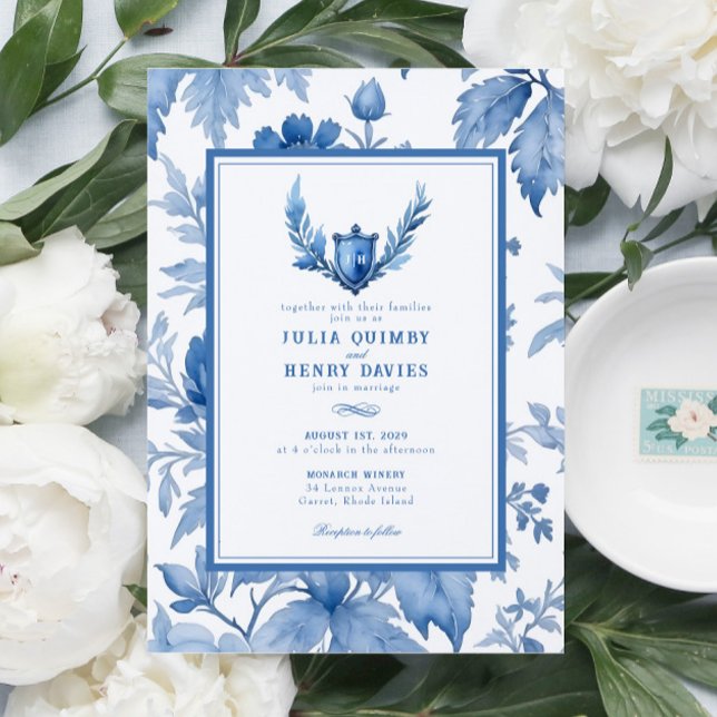 Elegant Floral Toile Periwinkle Blue Crest Wedding Invitation (Creator Uploaded)