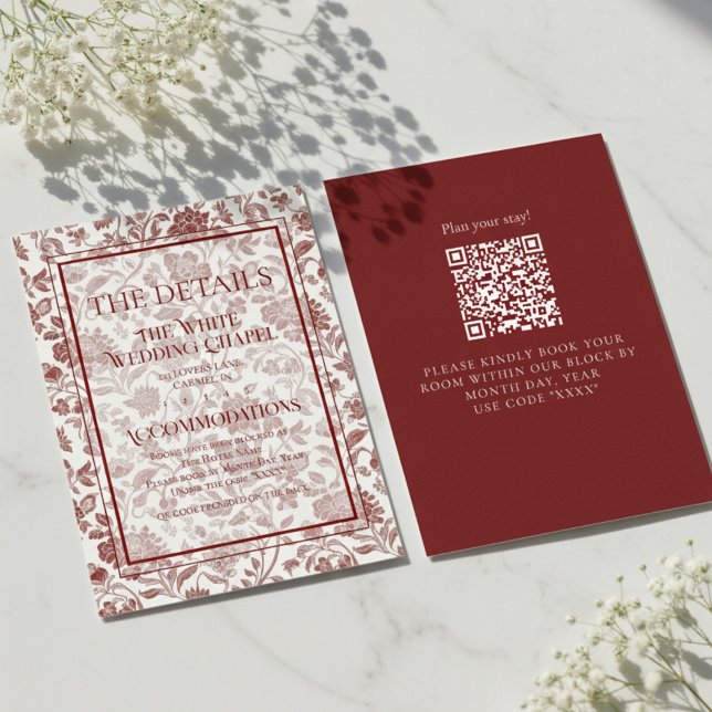 Elegant Floral Toile QR Code Wedding Details Enclosure Card (Formally invite guests to your big day with this Elegant Floral Toile QR Code Wedding Details Card!)