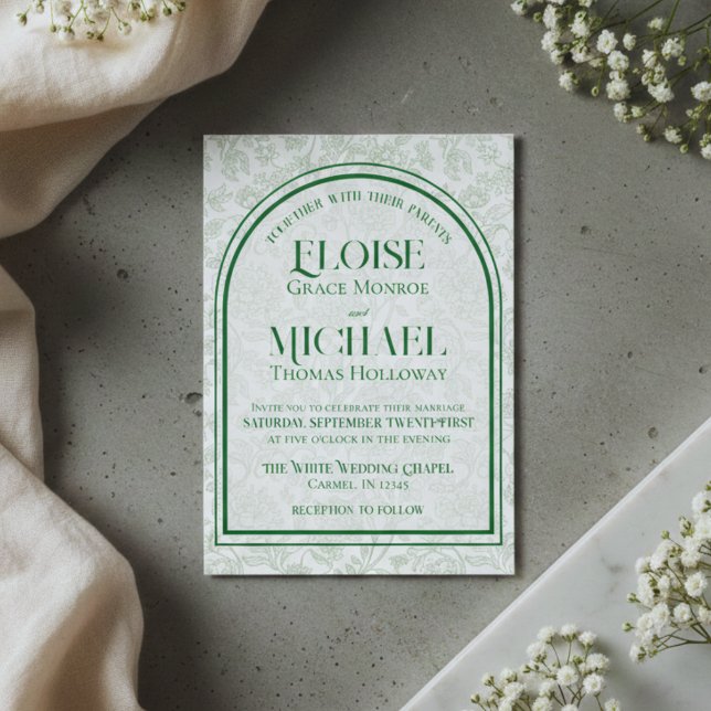 Elegant Floral Toile Script Monogram Green Wedding Invitation (Elegant Floral Toile Script Monogram Green Wedding Invitation)
