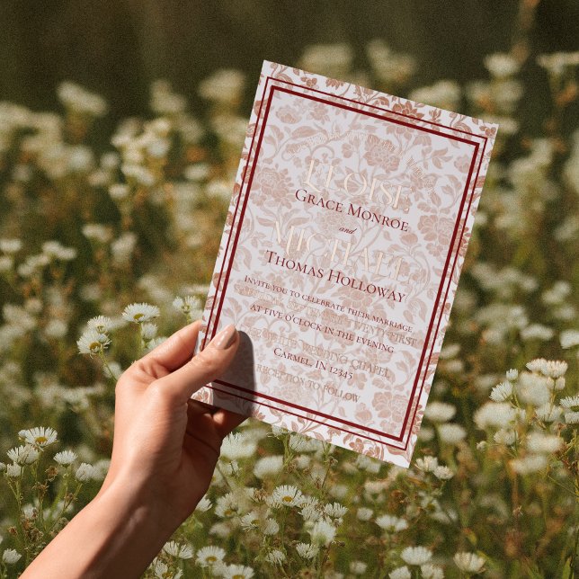 Elegant Floral Toile Script Monogram Red Wedding (*AI Generated Mockup )