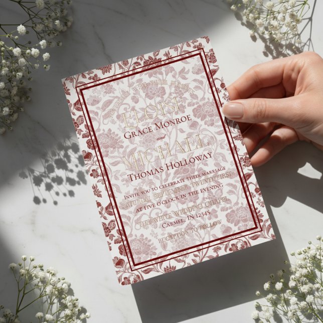 Elegant Floral Toile Script Monogram Red Wedding (Formally invite guests to your big day with this Elegant Floral Toile Script Monogram Red Invite!)