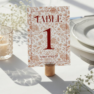 Elegant Floral Toile Script Red Wedding Table Number