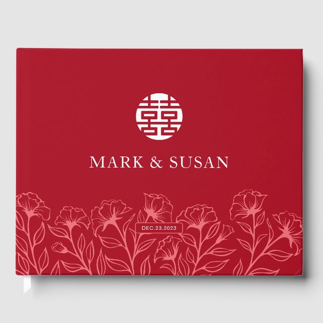 Elegant Floral Traditional Chinese Wedding (RED) Guest Book (Front)