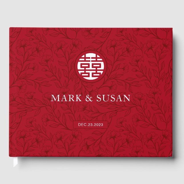 Elegant Floral Traditional Chinese Wedding (RED) Guest Book (Front)