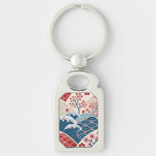 Elegant Floral Traditional Red Blue Asian Art   Key Ring