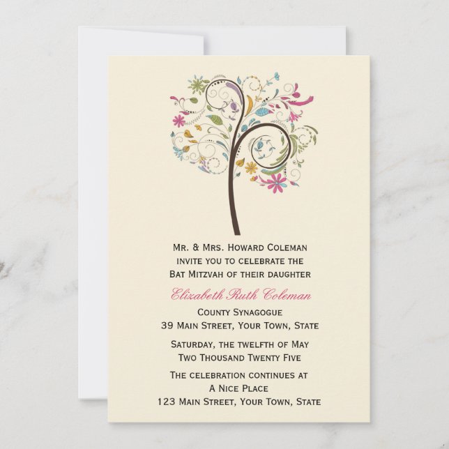 Elegant Floral  Tree Bat Mitzvah Invitation (Front)