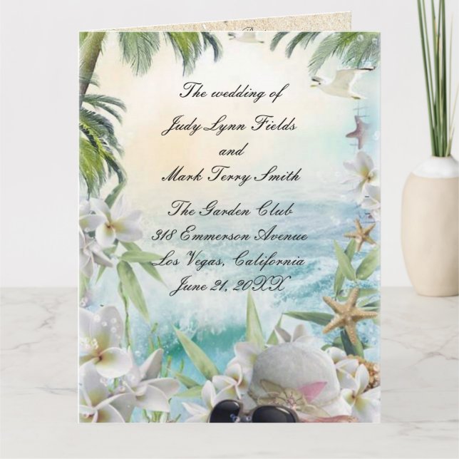 Elegant Floral Tropical Beach Wedding Program Card (Front)