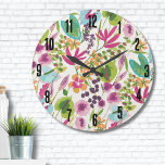 Elegant Floral Tropical Large Clock<br><div class="desc">This cute print looks like a vintage floral tropical print!  Shares of pink,  purple,  blue,  green,  yellow,  orange,  and more all mixed together. Great for gifts or products. Pink Blue Green Modern Vintage Floral Tropical Large Clock.</div>